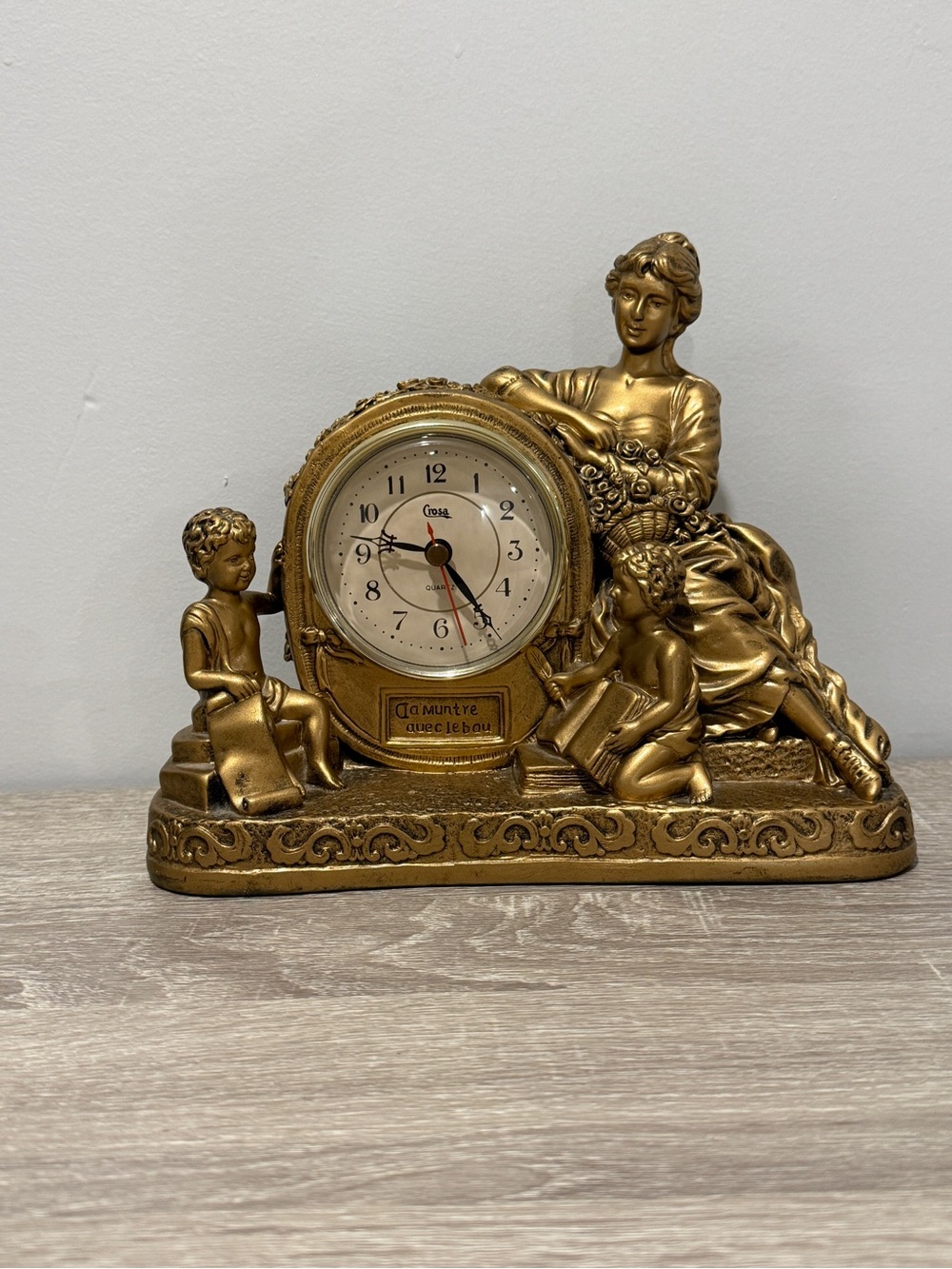 Vintage Crosa Gold Resin Table Clock Figural Cherubs Woman